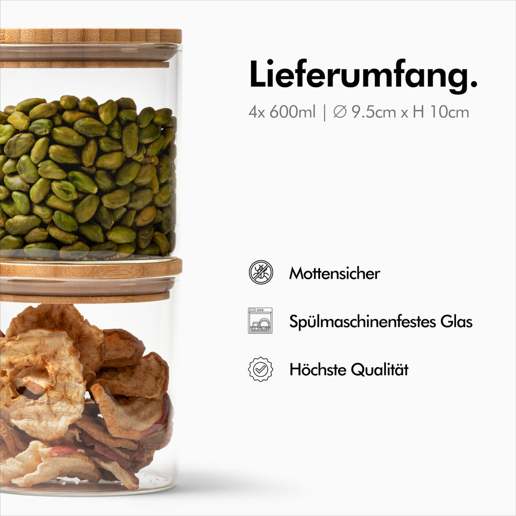 KIVY Vorratsgläser mit Deckel Luftdicht [4x 1200ml] - Vorratsdosen Glas mit Deckel - Glasbehälter mit Deckel - Müsli Aufbewahrung Küche - Vorratsglas mit Holzdeckel - Vorratsbehälter Glas Bambus