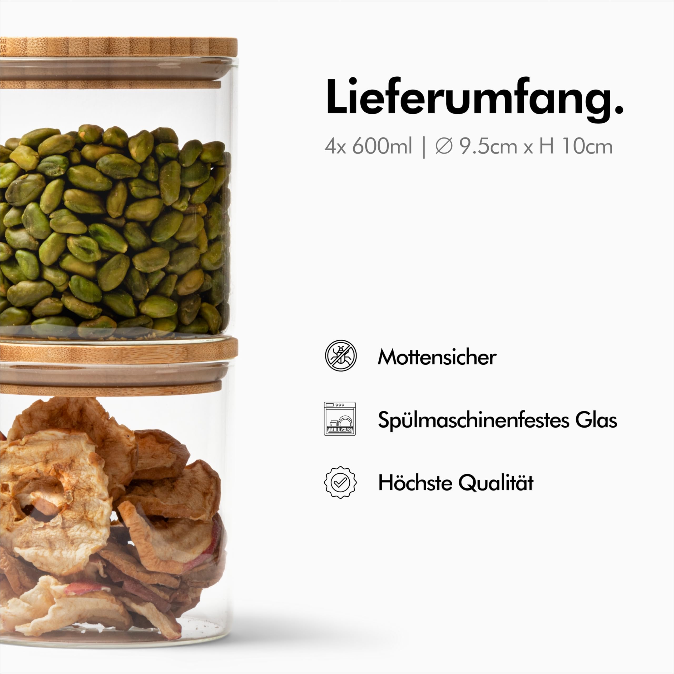 KIVY Vorratsgläser mit Deckel Luftdicht [4x 1200ml] - Vorratsdosen Glas mit Deckel - Glasbehälter mit Deckel - Müsli Aufbewahrung Küche - Vorratsglas mit Holzdeckel - Vorratsbehälter Glas Bambus