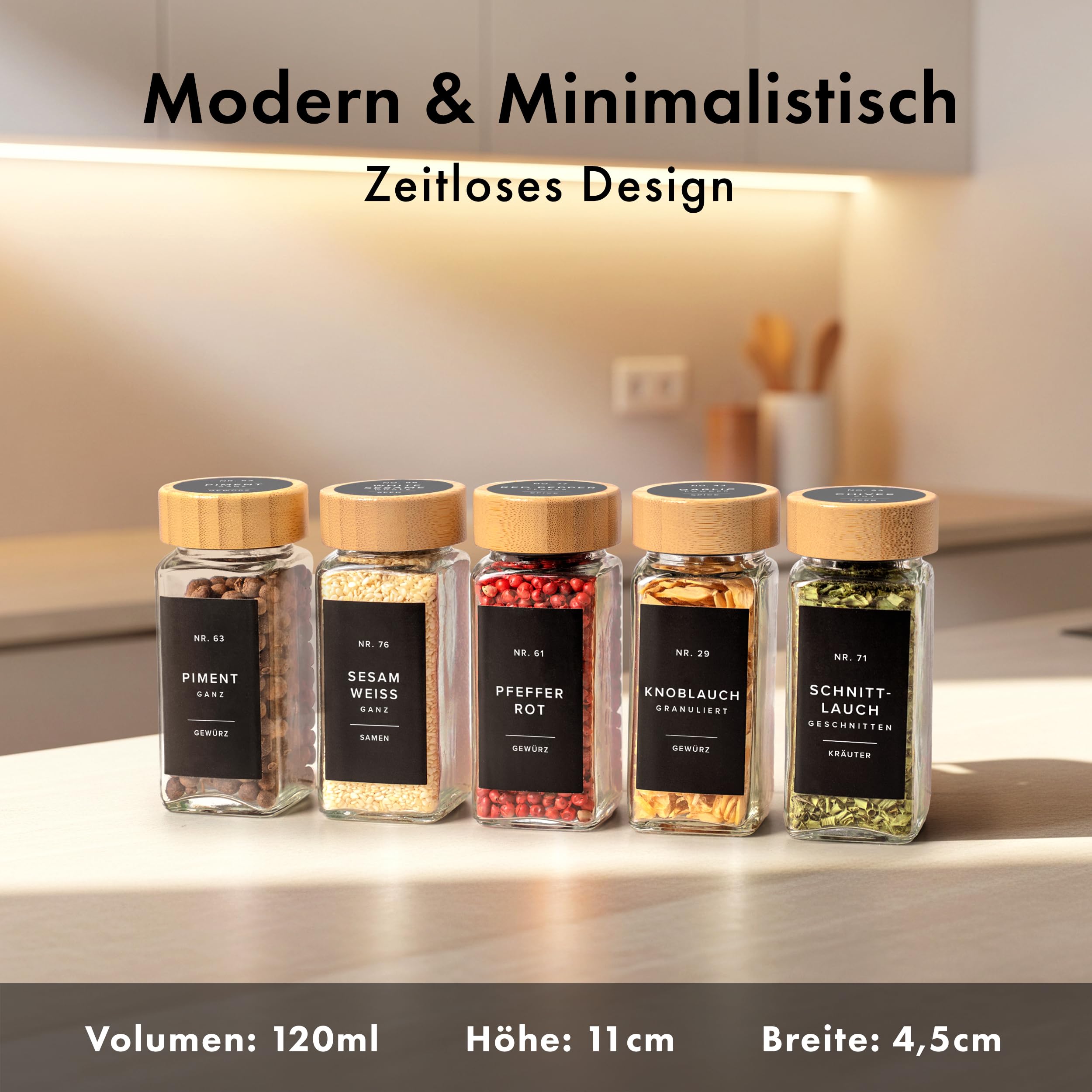 Square Spice Jars Set with Bamboo Lid (24 x 120 ml) Spice Shaker with Shaker Insert and 240 Labels White - Wooden Lid Spice Containers, Spice Jars, Spice Organiser [11 cm x 4.5 cm]