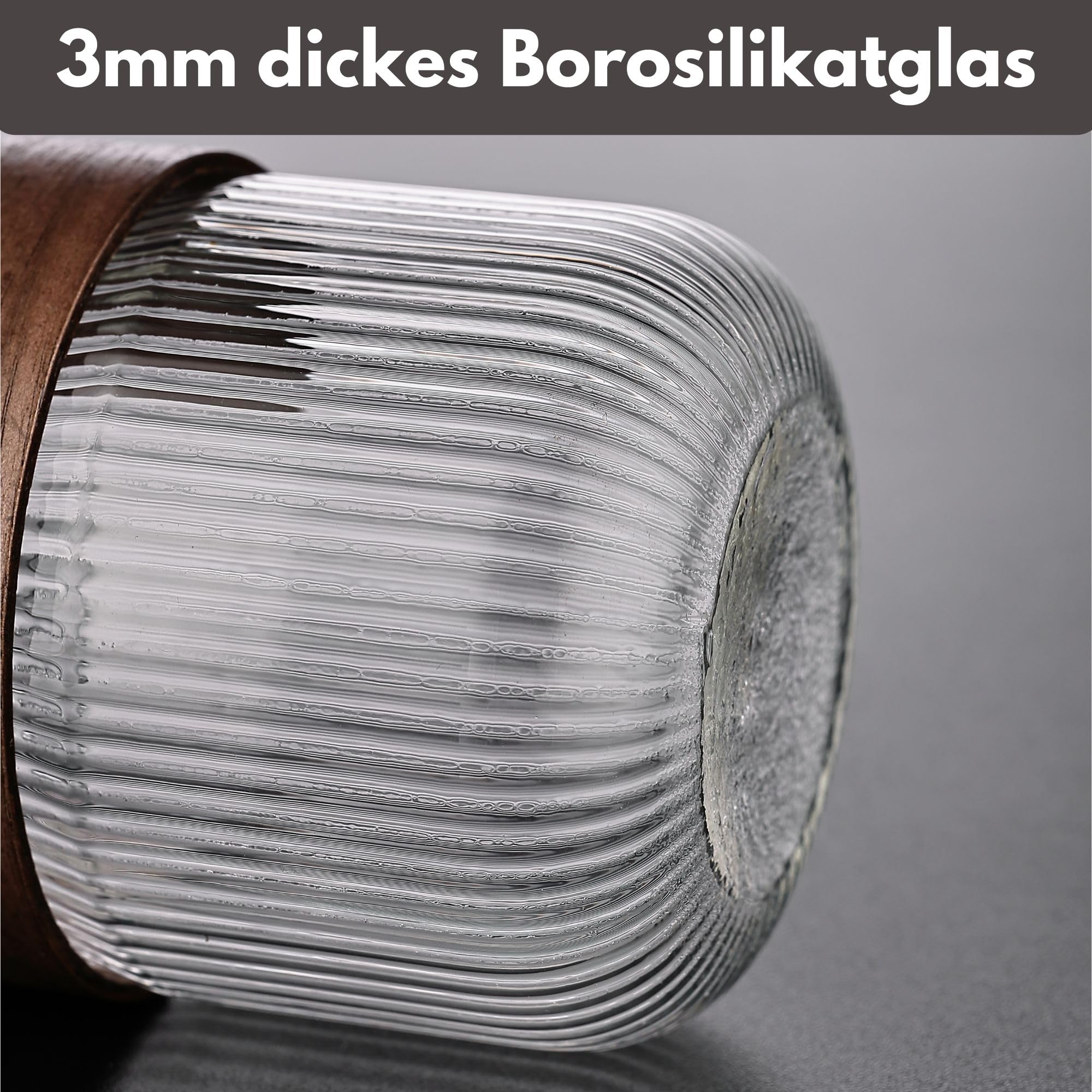 Holzwurm Glass Carafe 1 L - Ribbed Water Carafe with Walnut Wooden Coat, Elegant Water Carafe for Home and Office