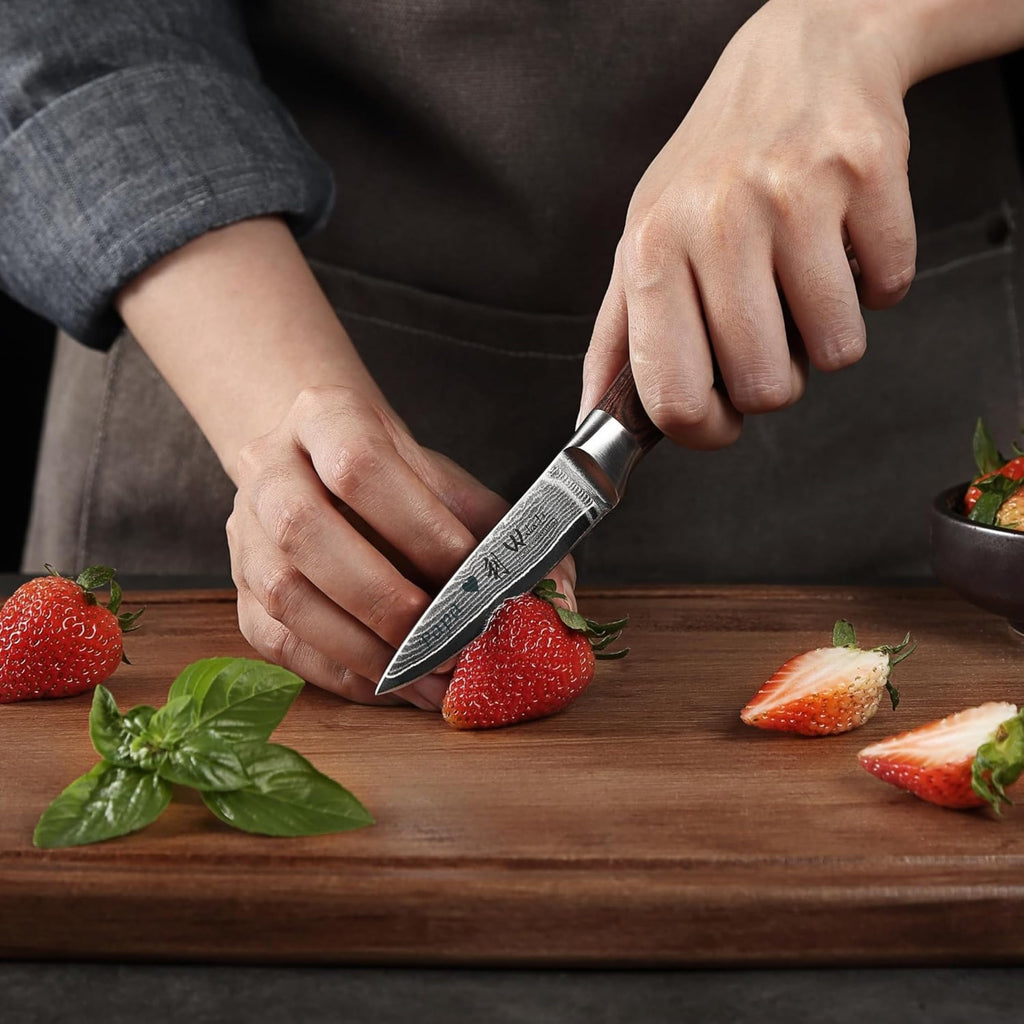 Wakoli EDIB 4-teiliges Küchenmesser Set aus Damaststahl (VG10 Kern) in edler Geschenkbox – Scharfes Damastmesser Set mit Pakkaholzgriffen – Messerset mit 2x Santoku, Fleischmesser & Officemesser