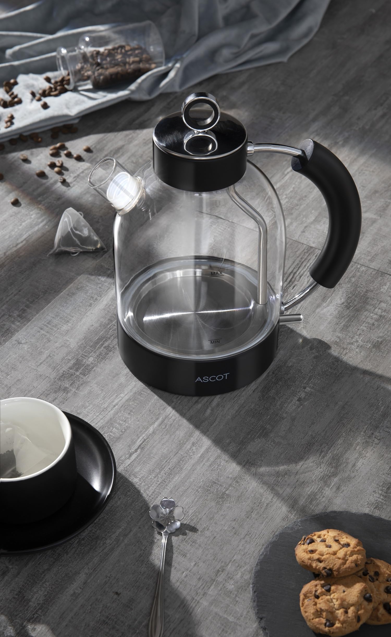 ASCOT Wasserkocher Glas, Elektrischer Wasserkocher Geschenke für Männer/Frauen/Familie 1,5L Schnellkochkessel, Trockengehschutz und automatische Abschaltung (Silber)