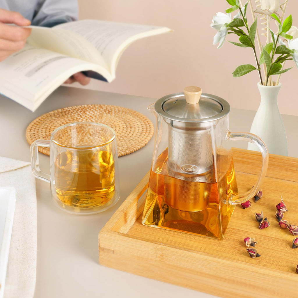 CNGLASS 1100ml/37.5oz Glas-Teekanne mit Infuser,Klarglas-Teekessel mit abnehmbarem Edelstahlsieb,Herdfeste Glas-Teekanne für blühenden und losen Blatttee