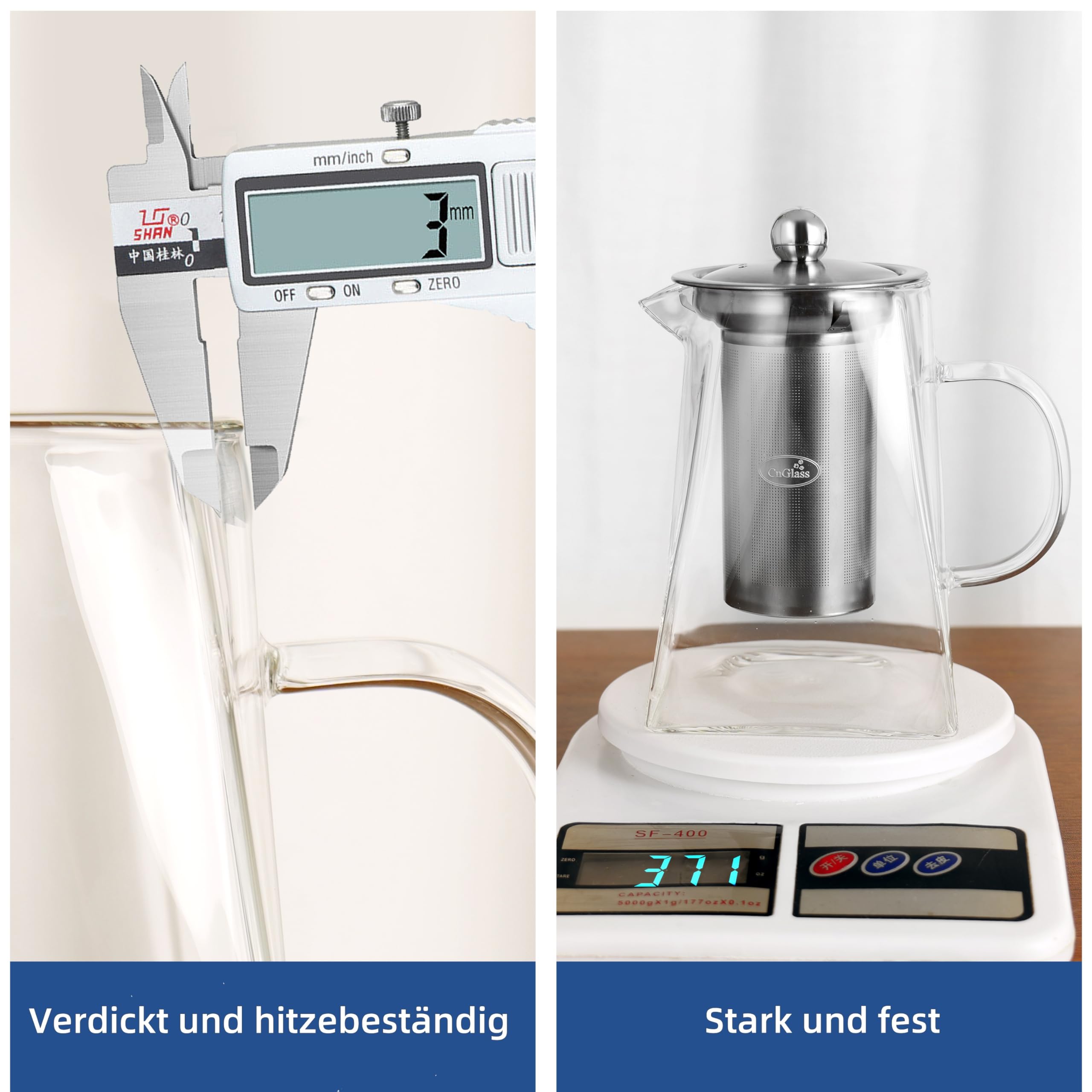 CNGLASS 1100ml/37.5oz Glas-Teekanne mit Infuser,Klarglas-Teekessel mit abnehmbarem Edelstahlsieb,Herdfeste Glas-Teekanne für blühenden und losen Blatttee