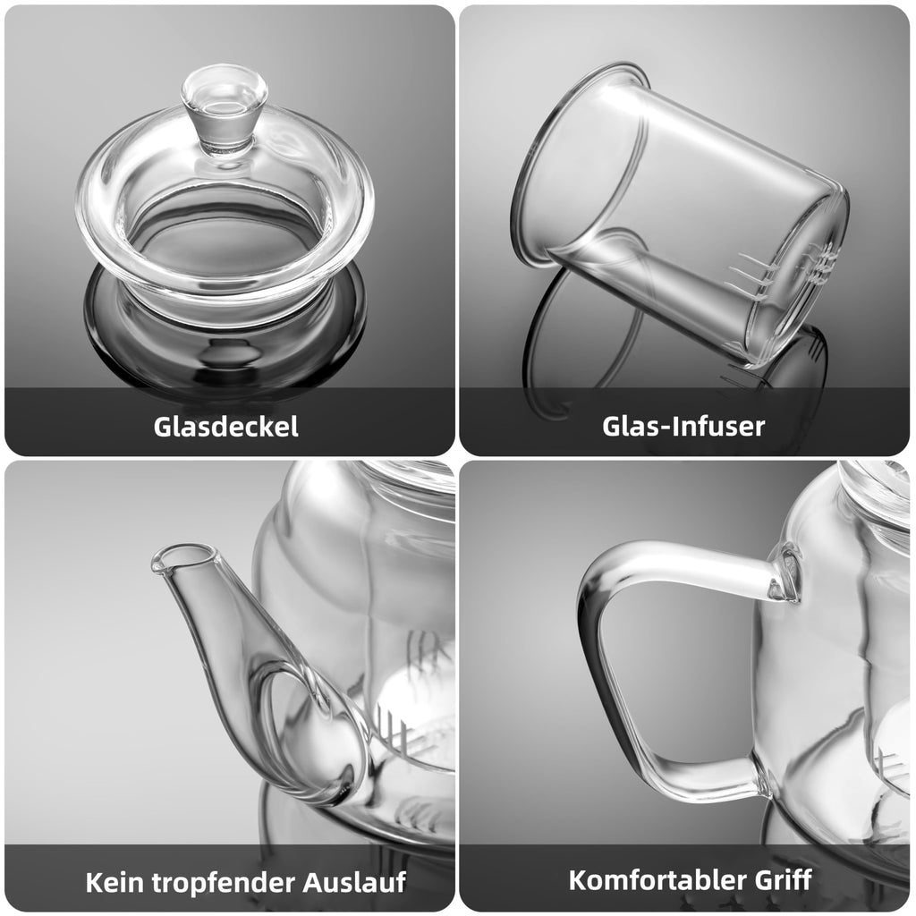 CNGLASS 1100ml/37.5oz Glas-Teekanne mit Infuser,Klarglas-Teekessel mit abnehmbarem Edelstahlsieb,Herdfeste Glas-Teekanne für blühenden und losen Blatttee
