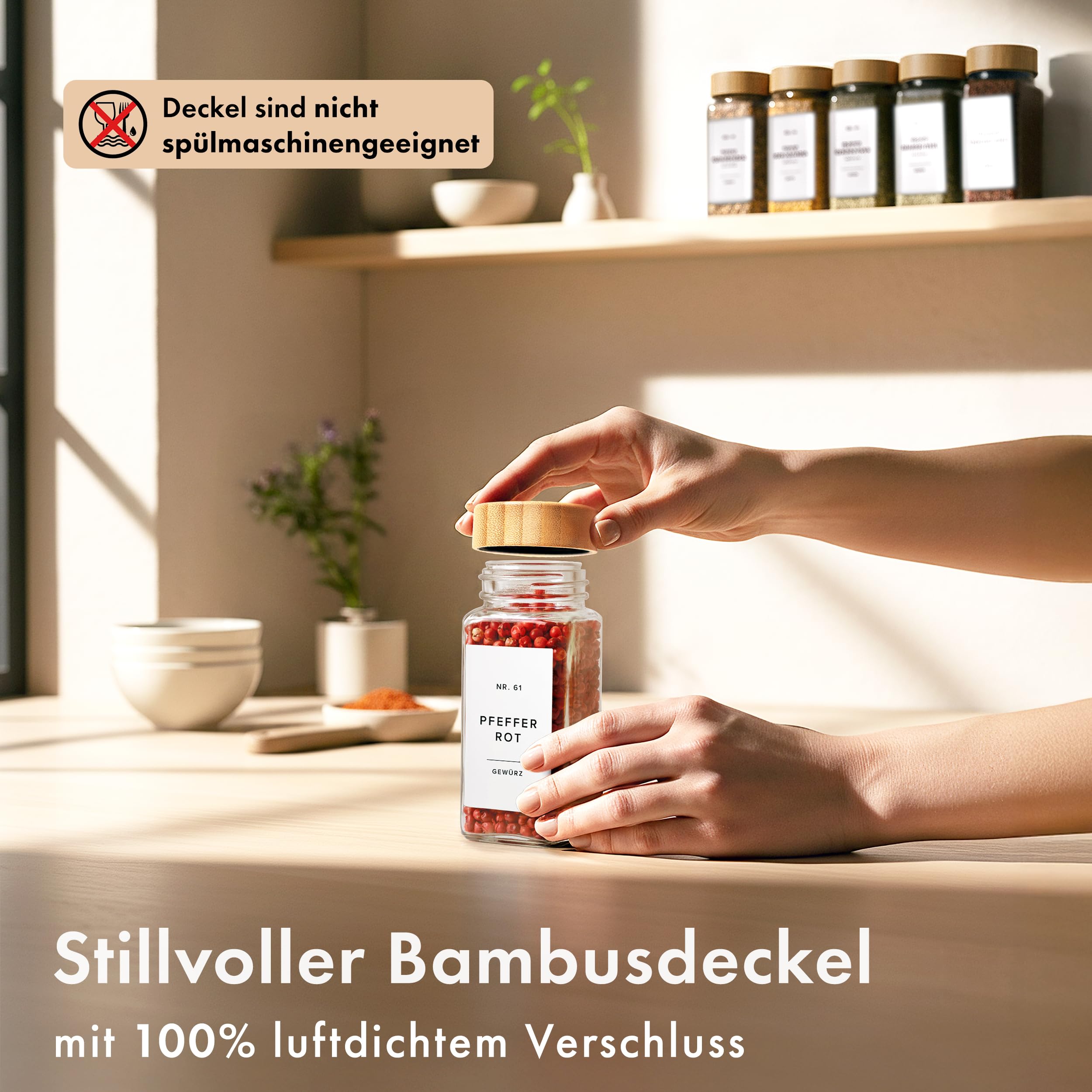 Square Spice Jars Set with Bamboo Lid (24 x 120 ml) Spice Shaker with Shaker Insert and 240 Labels White - Wooden Lid Spice Containers, Spice Jars, Spice Organiser [11 cm x 4.5 cm]