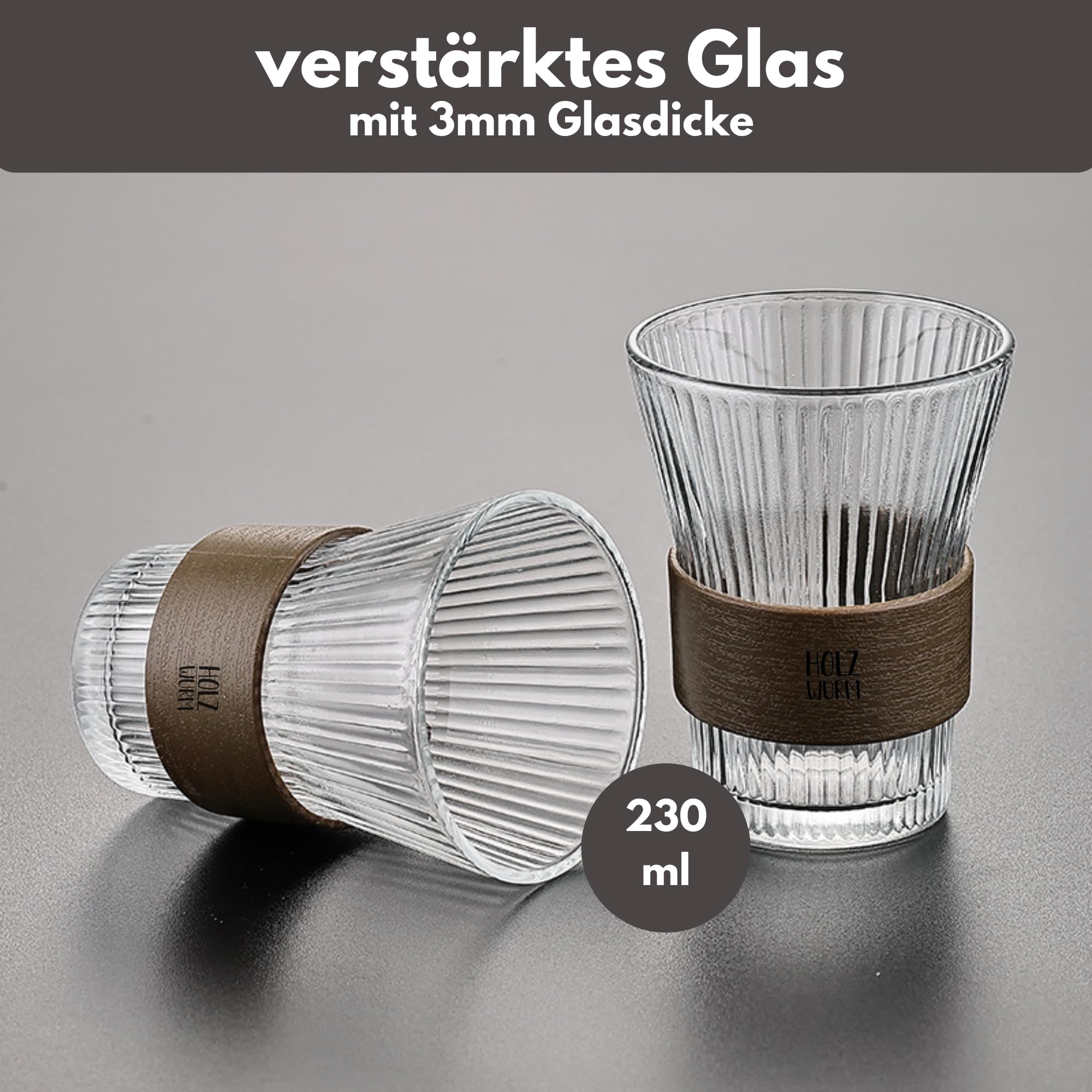 Holzwurm Glass Carafe 1 L - Ribbed Water Carafe with Walnut Wooden Coat, Elegant Water Carafe for Home and Office