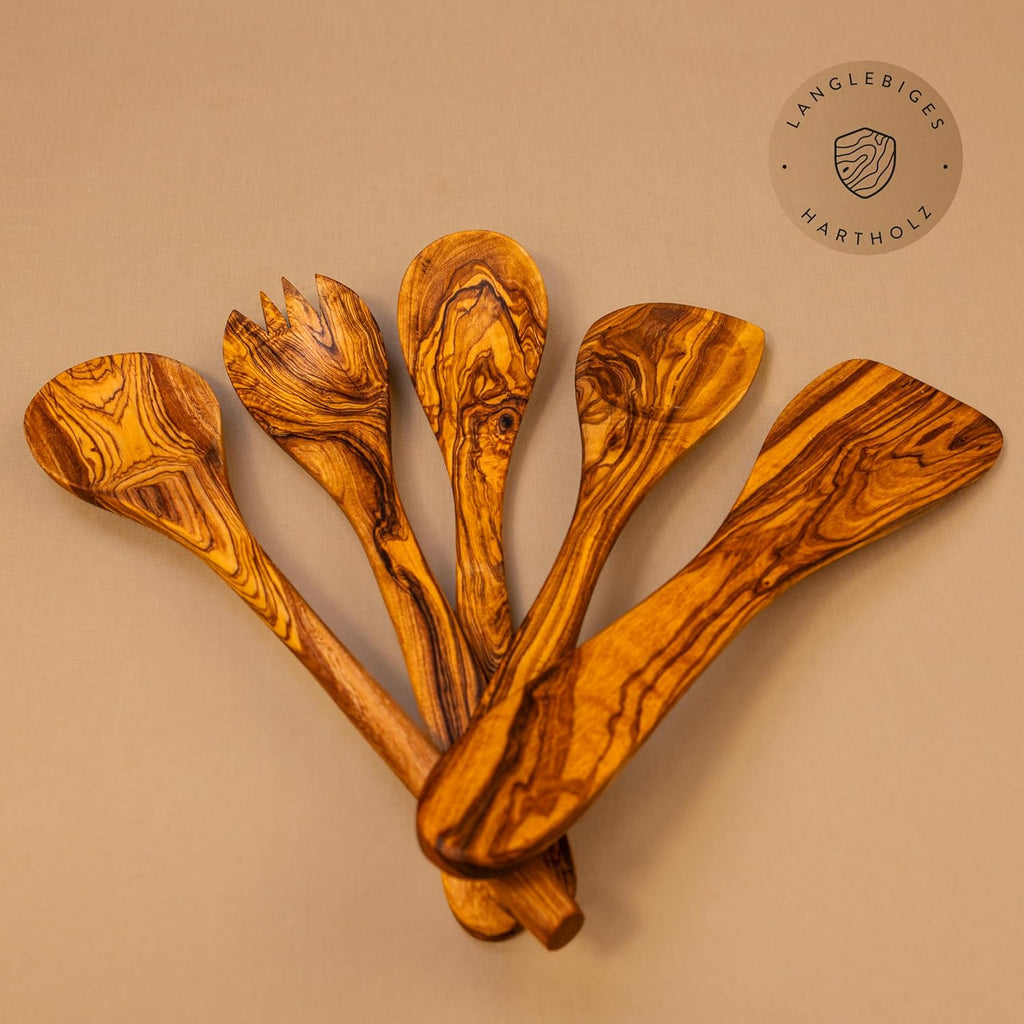 DAS OLIVENHOLZBRETT® 5er Set Pfannenwender, Kochlöffel, Löffel mit Ecke + Salatbesteck Olivenholz, 30cm, Holzlöffel Küchenutensilien Holz, Kochlöffel Holz, Kochlöffel Set