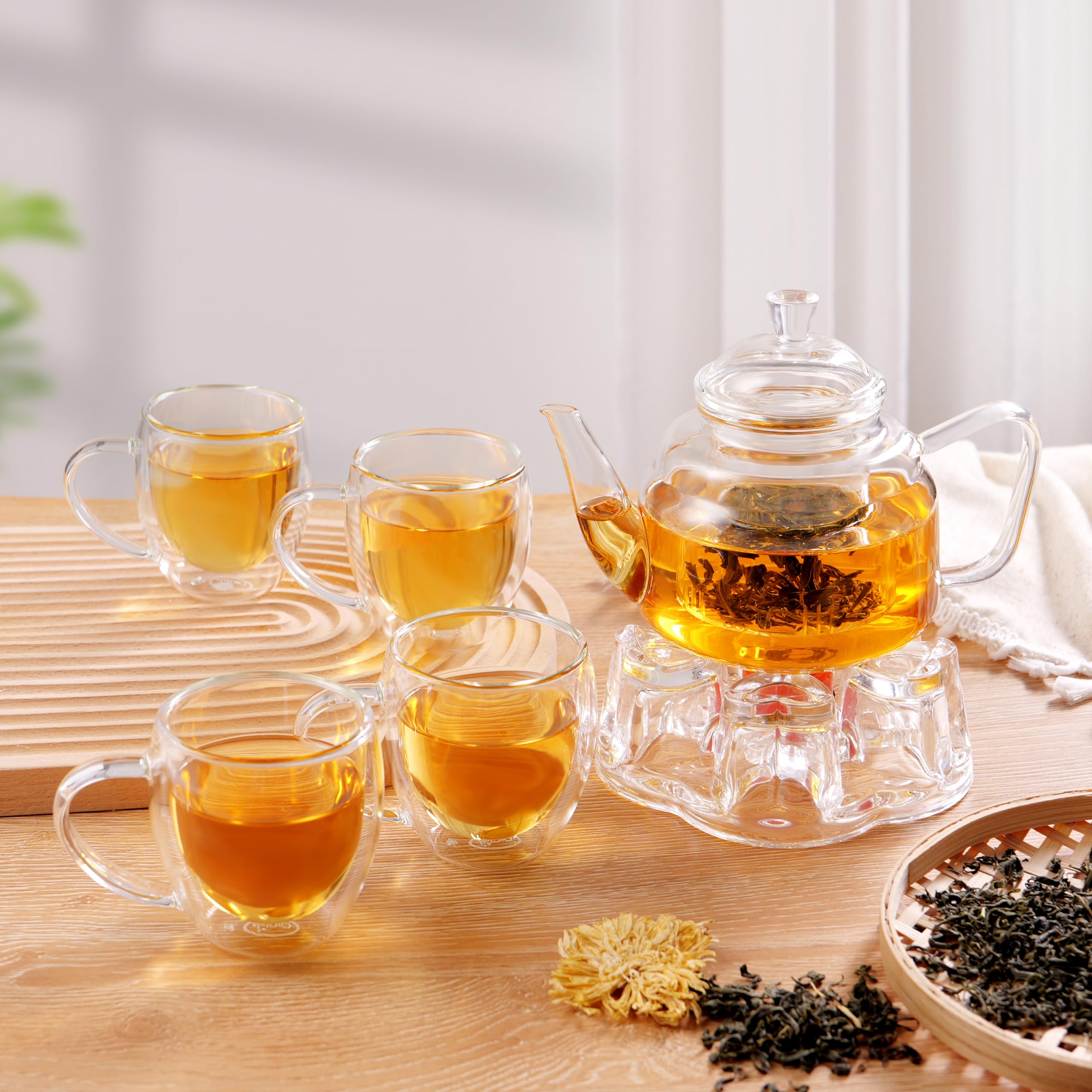 CNGLASS 1100ml/37.5oz Glas-Teekanne mit Infuser,Klarglas-Teekessel mit abnehmbarem Edelstahlsieb,Herdfeste Glas-Teekanne für blühenden und losen Blatttee