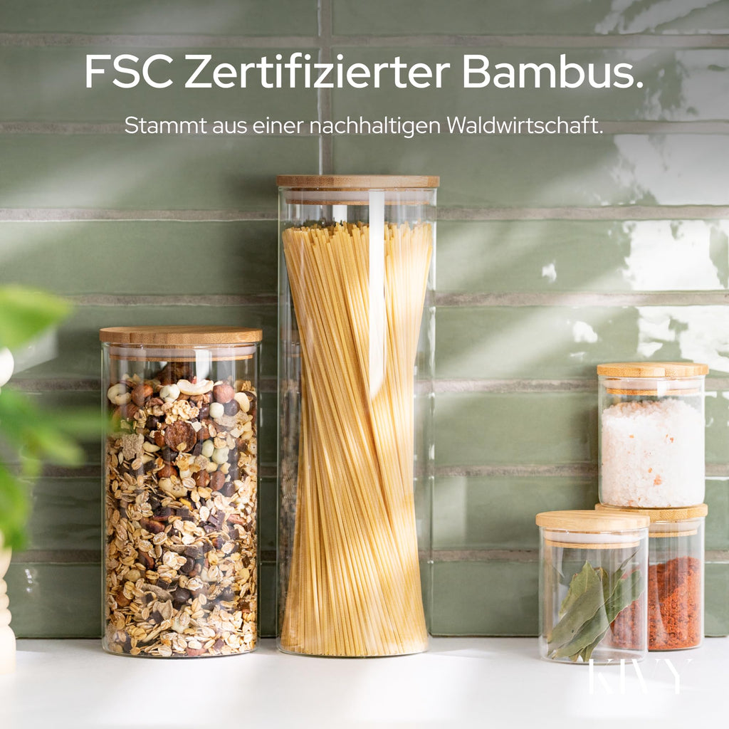 KIVY Vorratsgläser mit Deckel Luftdicht [4x 1200ml] - Vorratsdosen Glas mit Deckel - Glasbehälter mit Deckel - Müsli Aufbewahrung Küche - Vorratsglas mit Holzdeckel - Vorratsbehälter Glas Bambus