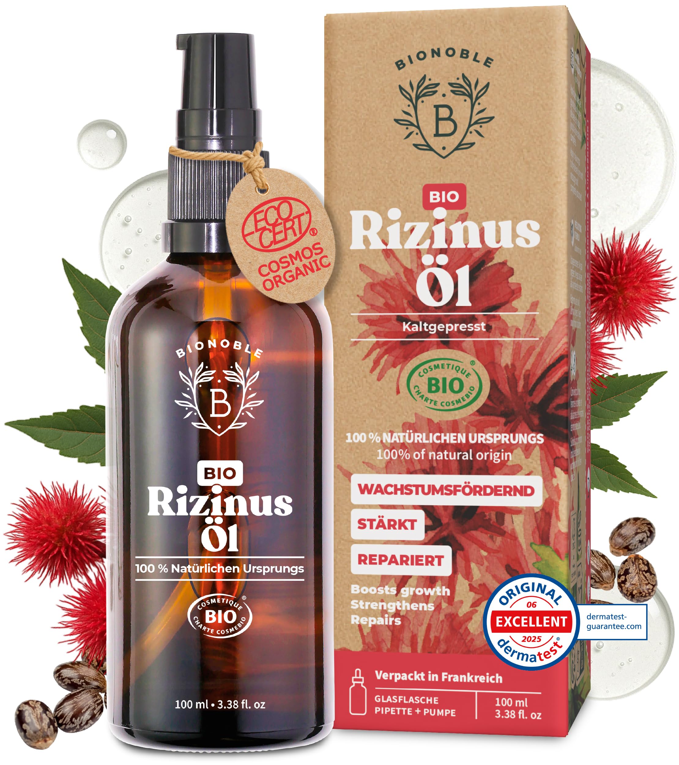 BIONOBLE Rizinusöl Kaltgepresst Bio - 100% Natürlich, Ohne Hexan - Wachstumsfördernd, Repariert - Rizinusöl Bio Haare, Wimpern, Augenbrauen, Haut - Castor Oil - Glasflasche mit Pumpe - 200ml