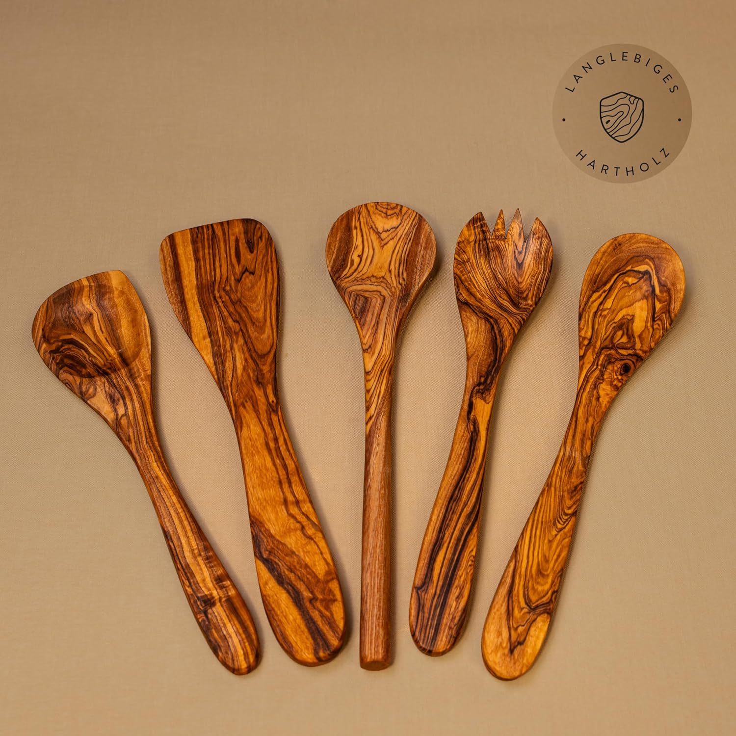 DAS OLIVENHOLZBRETT® 5er Set Pfannenwender, Kochlöffel, Löffel mit Ecke + Salatbesteck Olivenholz, 30cm, Holzlöffel Küchenutensilien Holz, Kochlöffel Holz, Kochlöffel Set