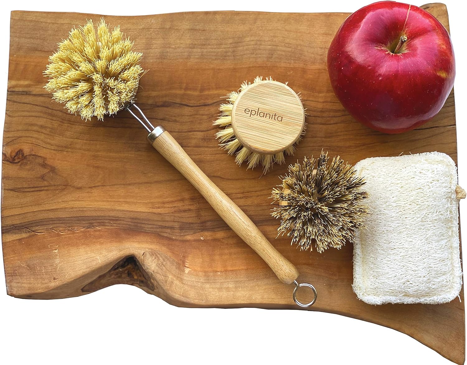 EPLANITA ® Bambus Spülbürste mit 3 Ersatzköpfen, Naturfaserborsten, kompostierbarer Schwamm inklusive, plastikfreie Reinigung für Ihre Küche