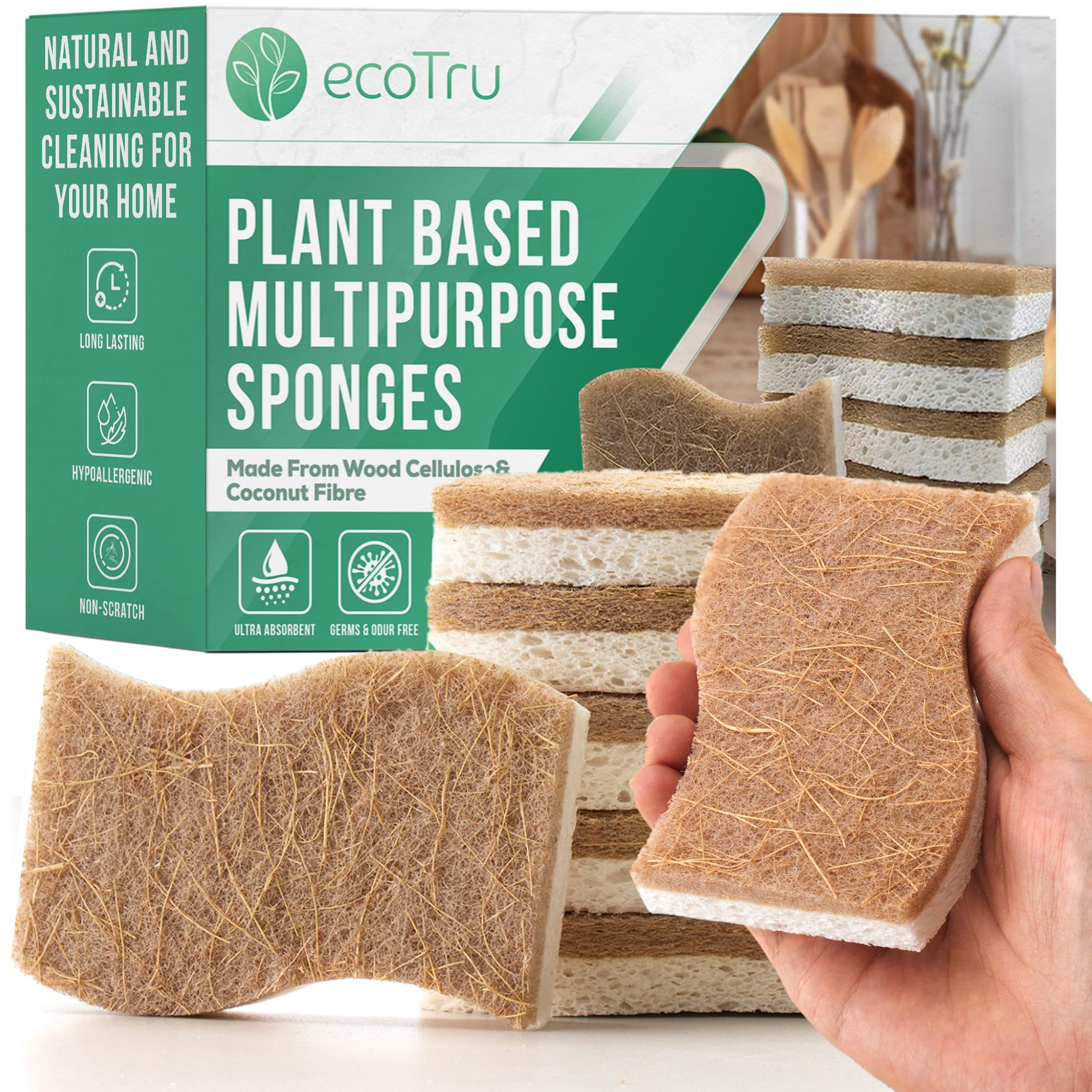 6 Stück Bio Spülschwamm Aus Kompostierbarer Zellulose und Kokos, Natur Reinigungsschwamm, öko und Nachhaltig Küchenschwamm, Umweltfreundlich Kitchen Sponge, Biologisch Abbaubar Geschirrschwamm