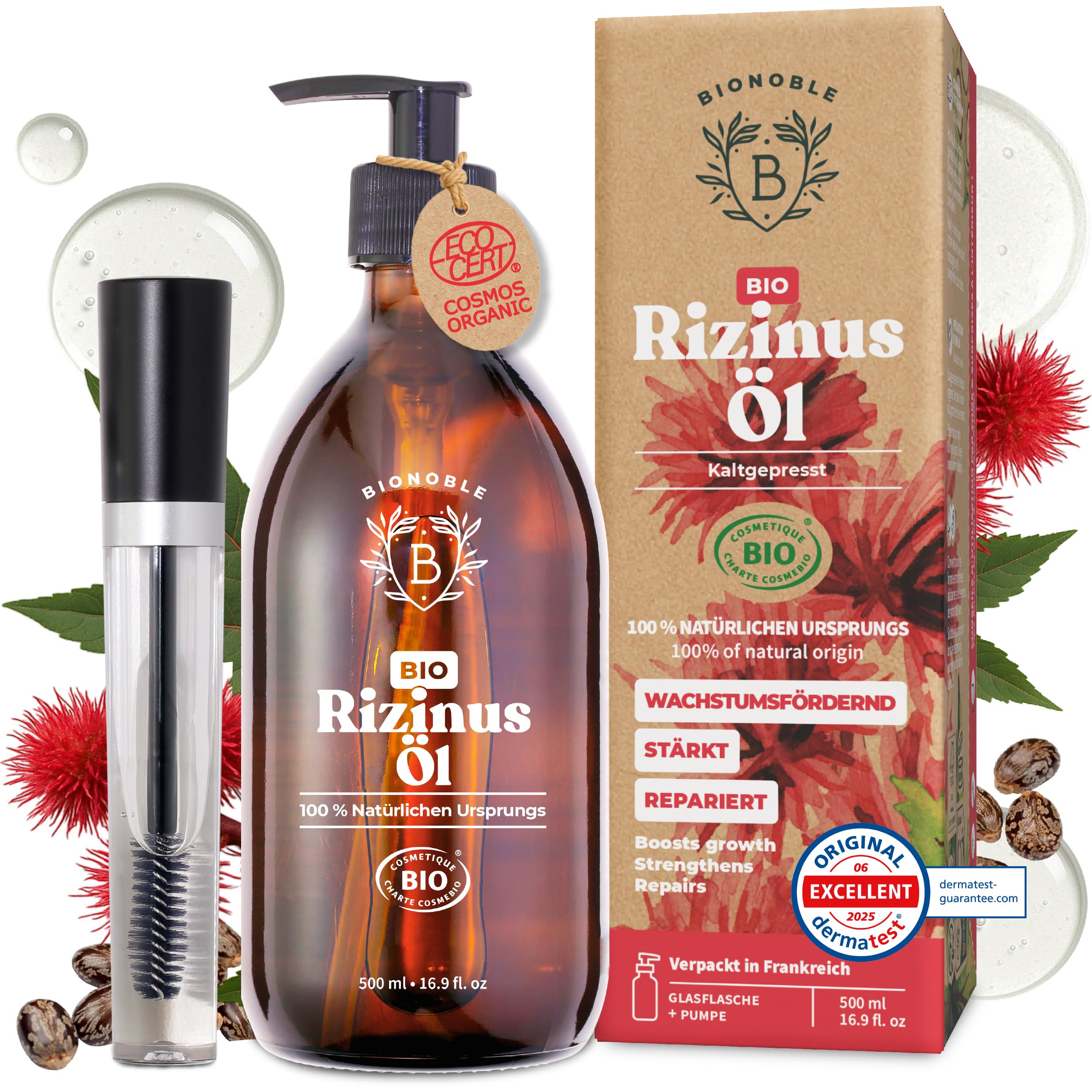 BIONOBLE Rizinusöl Kaltgepresst Bio - 100% Natürlich, Ohne Hexan - Wachstumsfördernd, Repariert - Rizinusöl Bio Haare, Wimpern, Augenbrauen, Haut - Castor Oil - Glasflasche mit Pumpe - 200ml