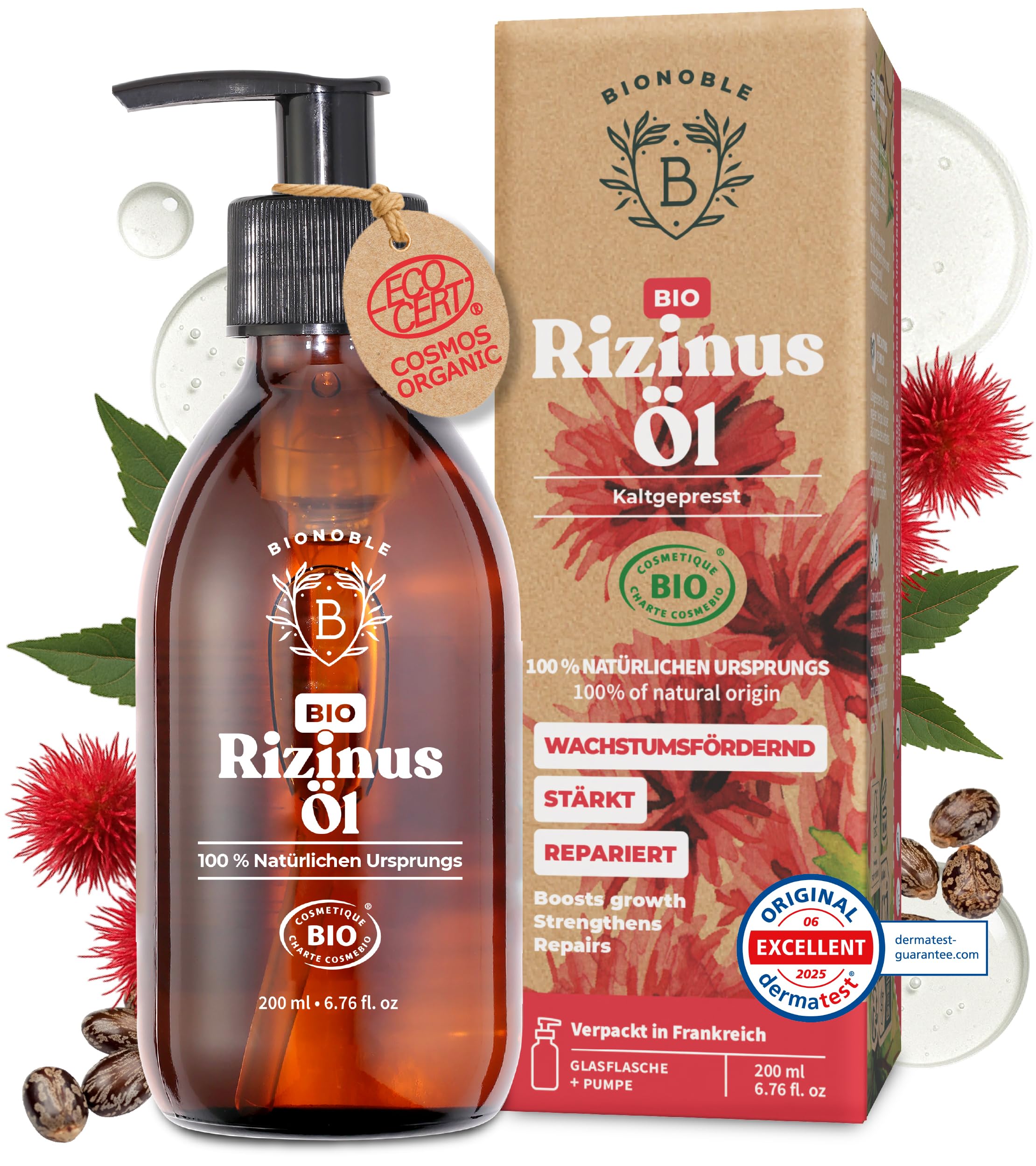 BIONOBLE Rizinusöl Kaltgepresst Bio - 100% Natürlich, Ohne Hexan - Wachstumsfördernd, Repariert - Rizinusöl Bio Haare, Wimpern, Augenbrauen, Haut - Castor Oil - Glasflasche mit Pumpe - 200ml