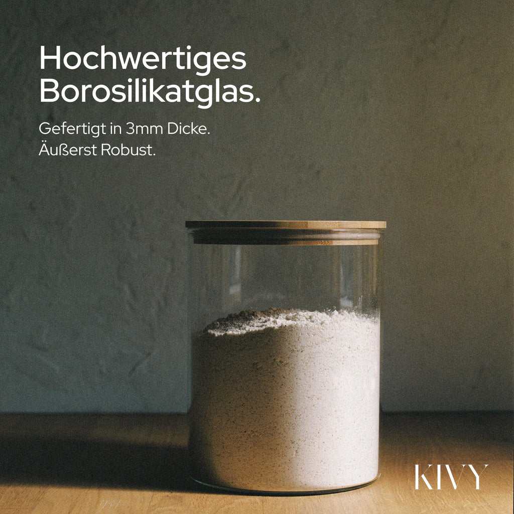 KIVY Vorratsgläser mit Deckel Luftdicht [4x 1200ml] - Vorratsdosen Glas mit Deckel - Glasbehälter mit Deckel - Müsli Aufbewahrung Küche - Vorratsglas mit Holzdeckel - Vorratsbehälter Glas Bambus