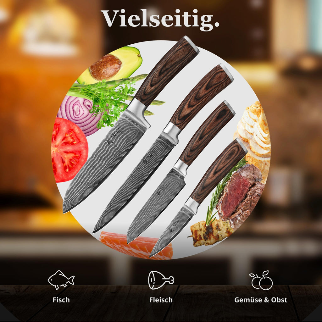 Wakoli EDIB 4-teiliges Küchenmesser Set aus Damaststahl (VG10 Kern) in edler Geschenkbox – Scharfes Damastmesser Set mit Pakkaholzgriffen – Messerset mit 2x Santoku, Fleischmesser & Officemesser