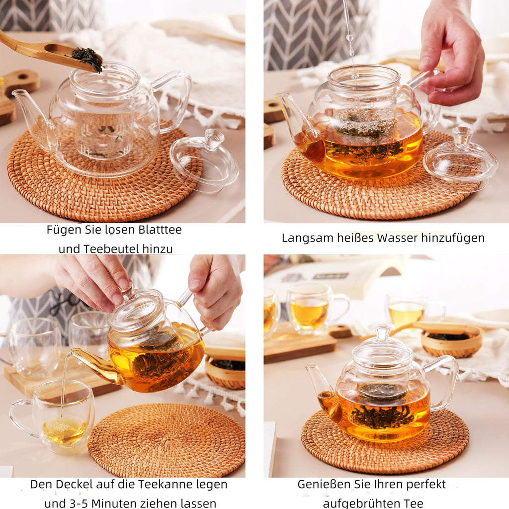 CNGLASS 1100ml/37.5oz Glas-Teekanne mit Infuser,Klarglas-Teekessel mit abnehmbarem Edelstahlsieb,Herdfeste Glas-Teekanne für blühenden und losen Blatttee