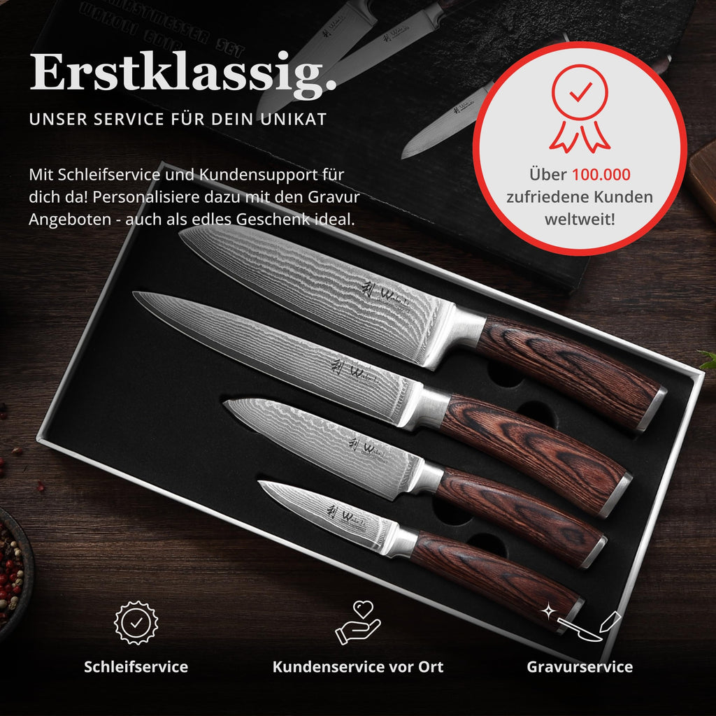 Wakoli EDIB 4-teiliges Küchenmesser Set aus Damaststahl (VG10 Kern) in edler Geschenkbox – Scharfes Damastmesser Set mit Pakkaholzgriffen – Messerset mit 2x Santoku, Fleischmesser & Officemesser