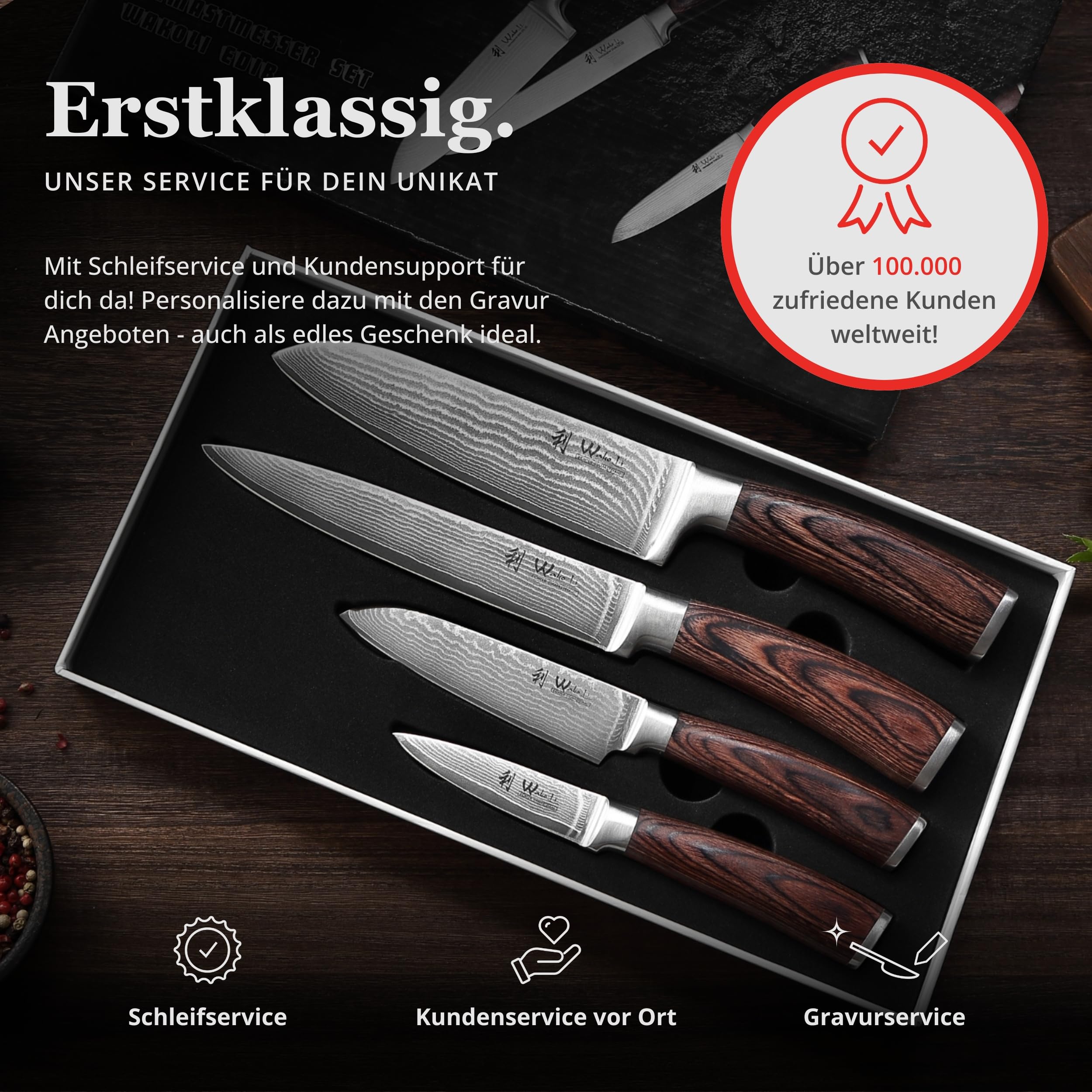 Wakoli EDIB 4-teiliges Küchenmesser Set aus Damaststahl (VG10 Kern) in edler Geschenkbox – Scharfes Damastmesser Set mit Pakkaholzgriffen – Messerset mit 2x Santoku, Fleischmesser & Officemesser
