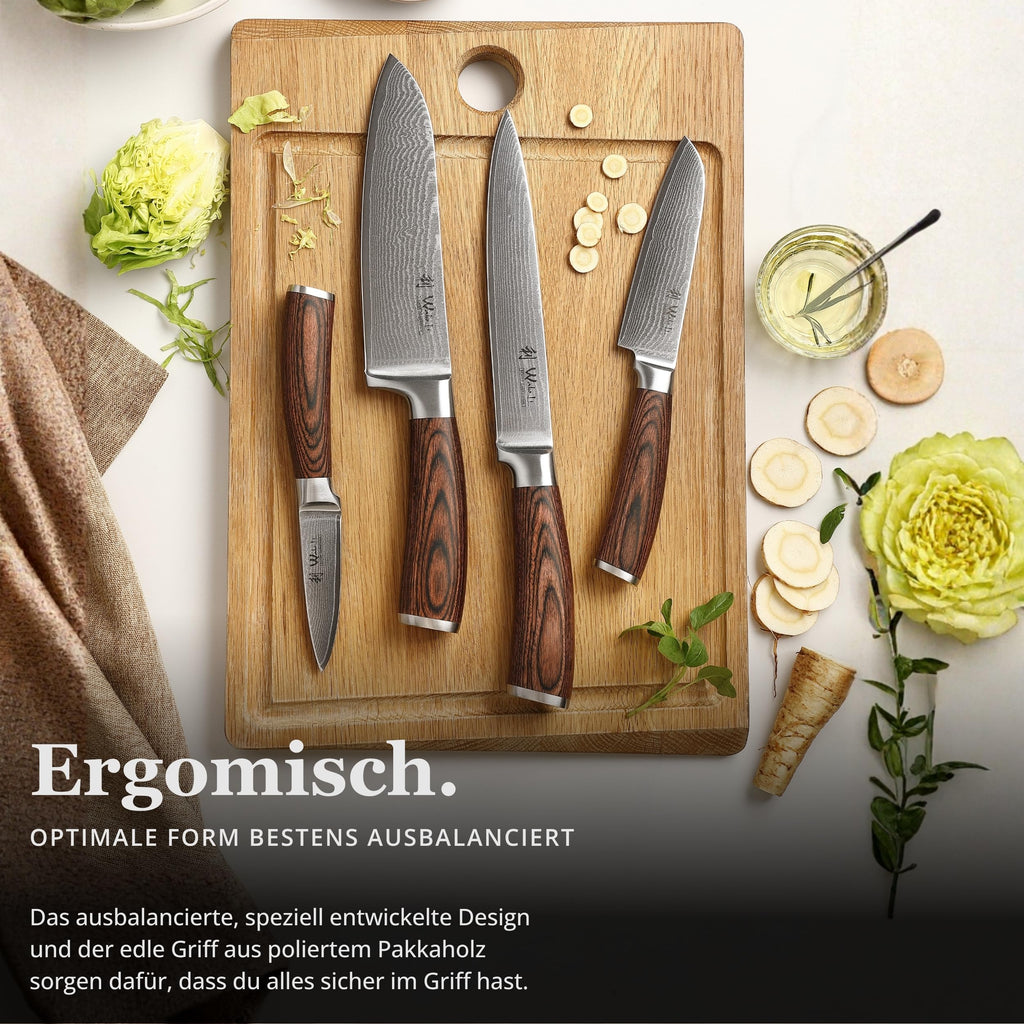 Wakoli EDIB 4-teiliges Küchenmesser Set aus Damaststahl (VG10 Kern) in edler Geschenkbox – Scharfes Damastmesser Set mit Pakkaholzgriffen – Messerset mit 2x Santoku, Fleischmesser & Officemesser