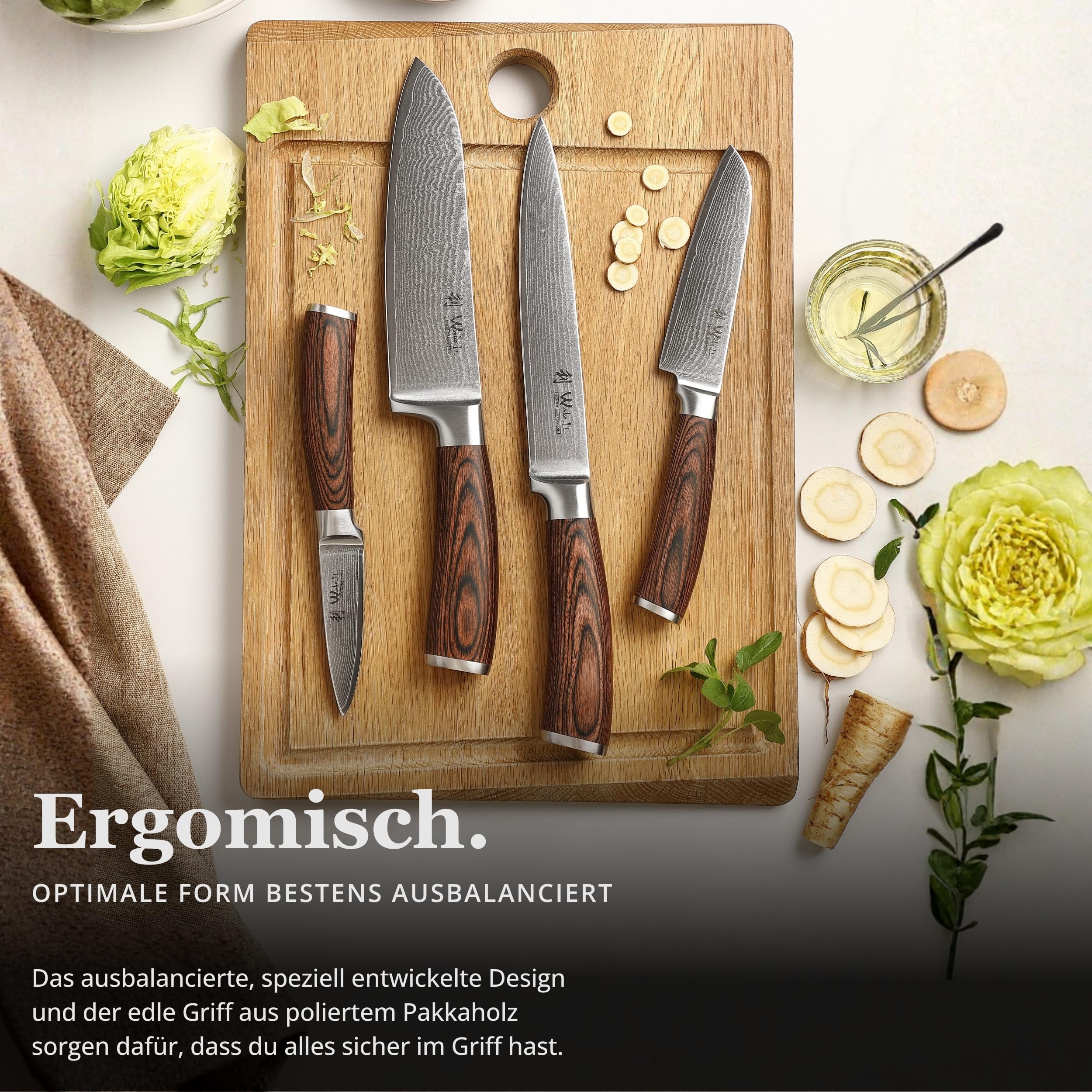 Wakoli EDIB 4-teiliges Küchenmesser Set aus Damaststahl (VG10 Kern) in edler Geschenkbox – Scharfes Damastmesser Set mit Pakkaholzgriffen – Messerset mit 2x Santoku, Fleischmesser & Officemesser