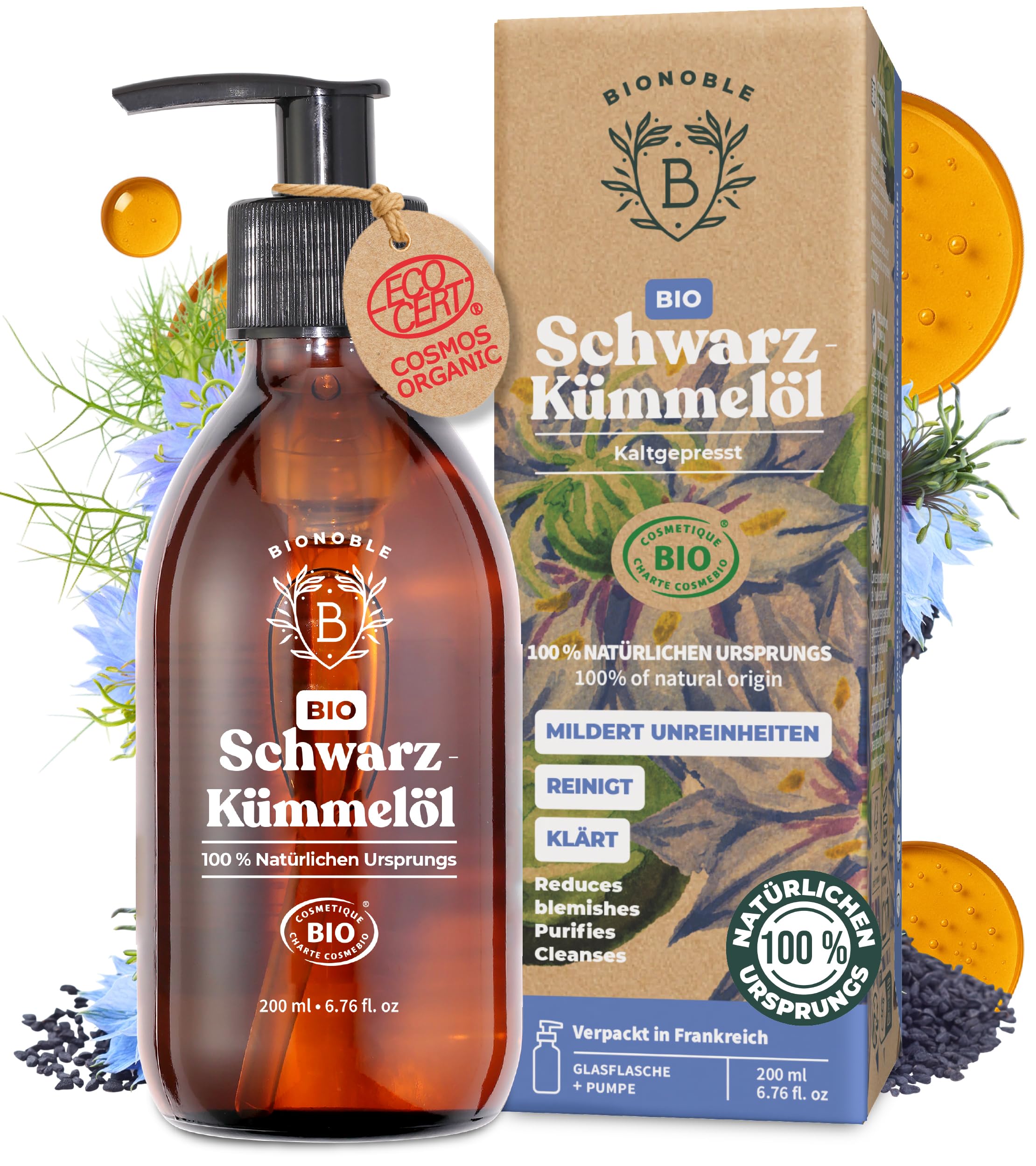 BIONOBLE Rizinusöl Kaltgepresst Bio - 100% Natürlich, Ohne Hexan - Wachstumsfördernd, Repariert - Rizinusöl Bio Haare, Wimpern, Augenbrauen, Haut - Castor Oil - Glasflasche mit Pumpe - 200ml