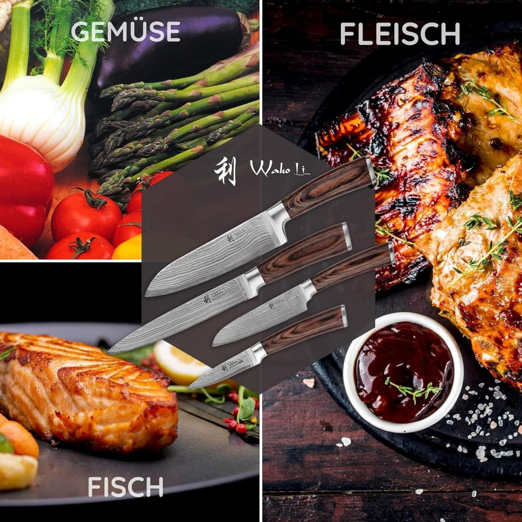 Wakoli EDIB 4-teiliges Küchenmesser Set aus Damaststahl (VG10 Kern) in edler Geschenkbox – Scharfes Damastmesser Set mit Pakkaholzgriffen – Messerset mit 2x Santoku, Fleischmesser & Officemesser
