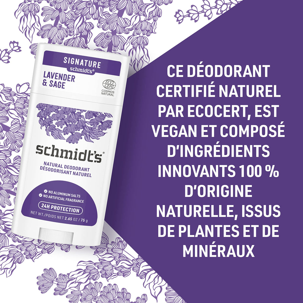 Schmidt's Natural Deodorant Stick Lavender & Sage Deodorant without Aluminium for Long-Lasting Freshness 75 g Pack of 1