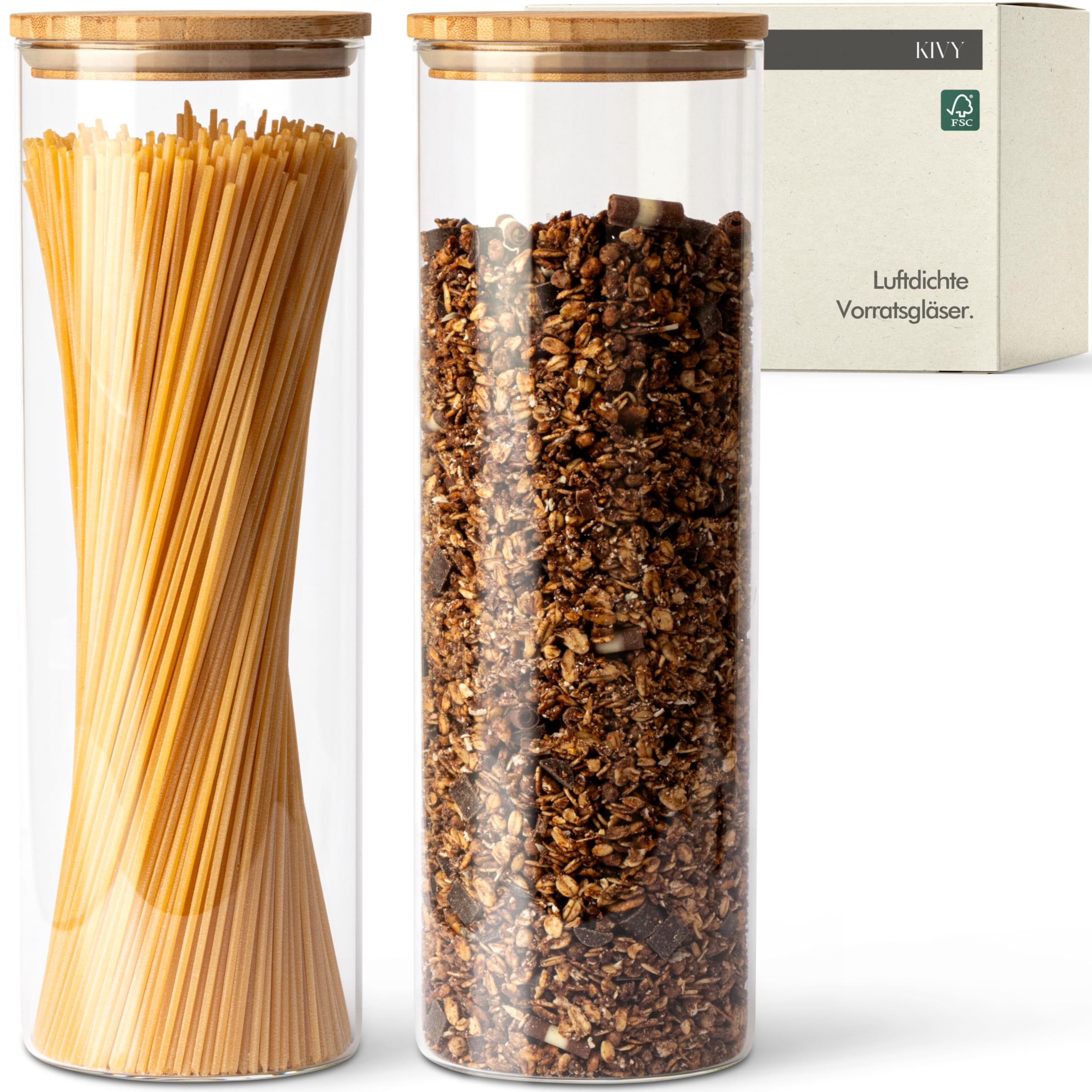 KIVY Vorratsgläser mit Deckel Luftdicht [4x 1200ml] - Vorratsdosen Glas mit Deckel - Glasbehälter mit Deckel - Müsli Aufbewahrung Küche - Vorratsglas mit Holzdeckel - Vorratsbehälter Glas Bambus
