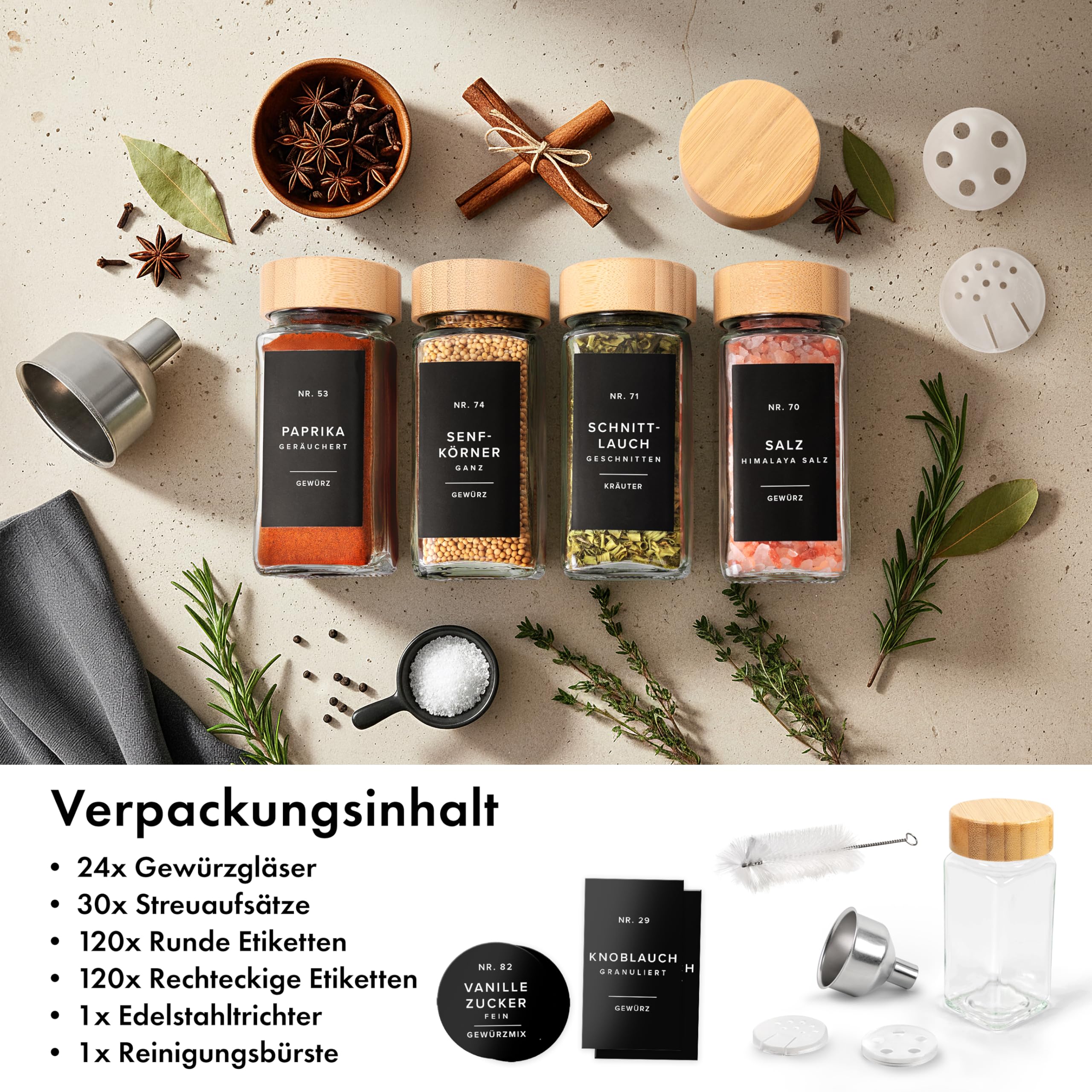 Square Spice Jars Set with Bamboo Lid (24 x 120 ml) Spice Shaker with Shaker Insert and 240 Labels White - Wooden Lid Spice Containers, Spice Jars, Spice Organiser [11 cm x 4.5 cm]