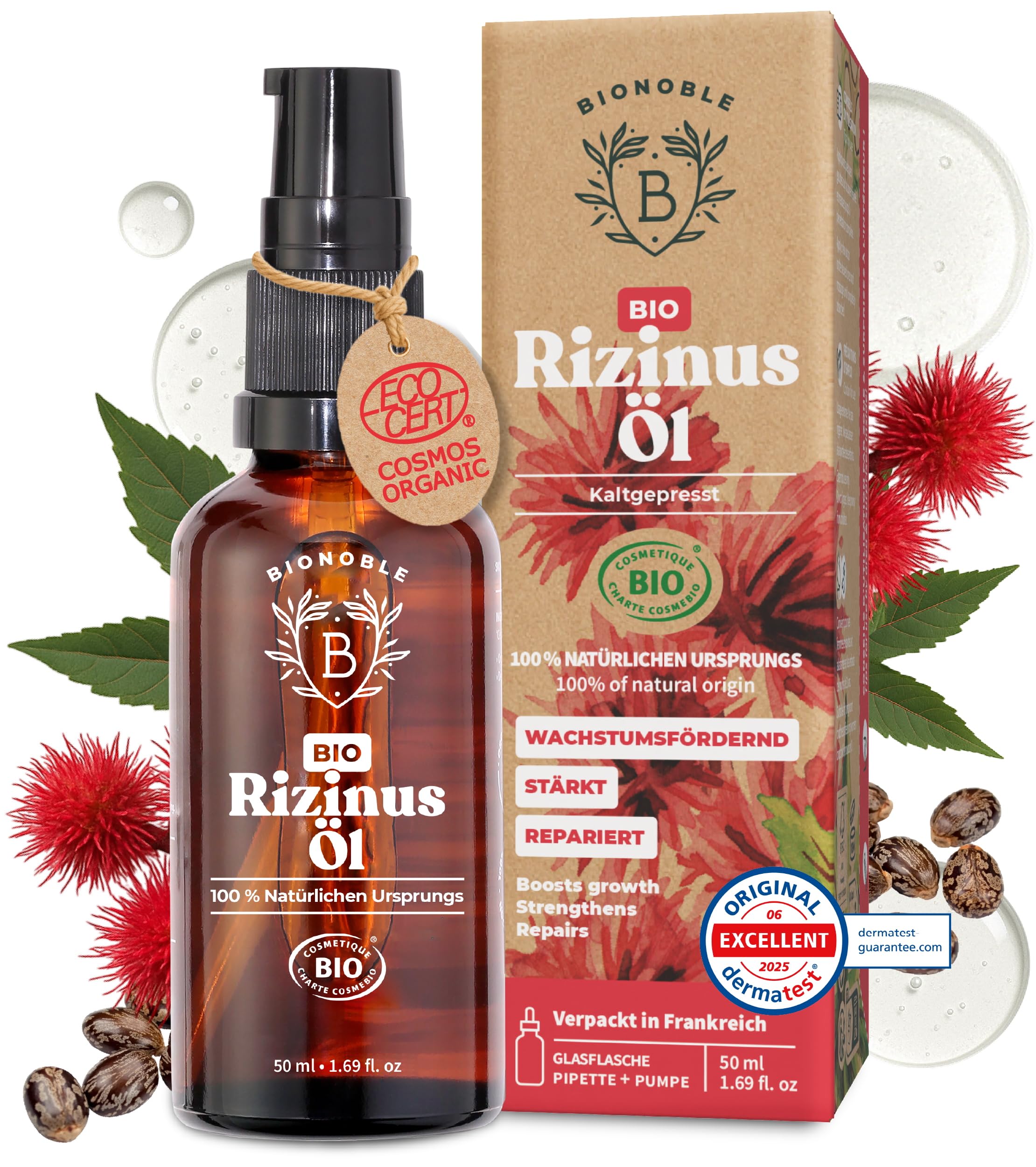 BIONOBLE Rizinusöl Kaltgepresst Bio - 100% Natürlich, Ohne Hexan - Wachstumsfördernd, Repariert - Rizinusöl Bio Haare, Wimpern, Augenbrauen, Haut - Castor Oil - Glasflasche mit Pumpe - 200ml