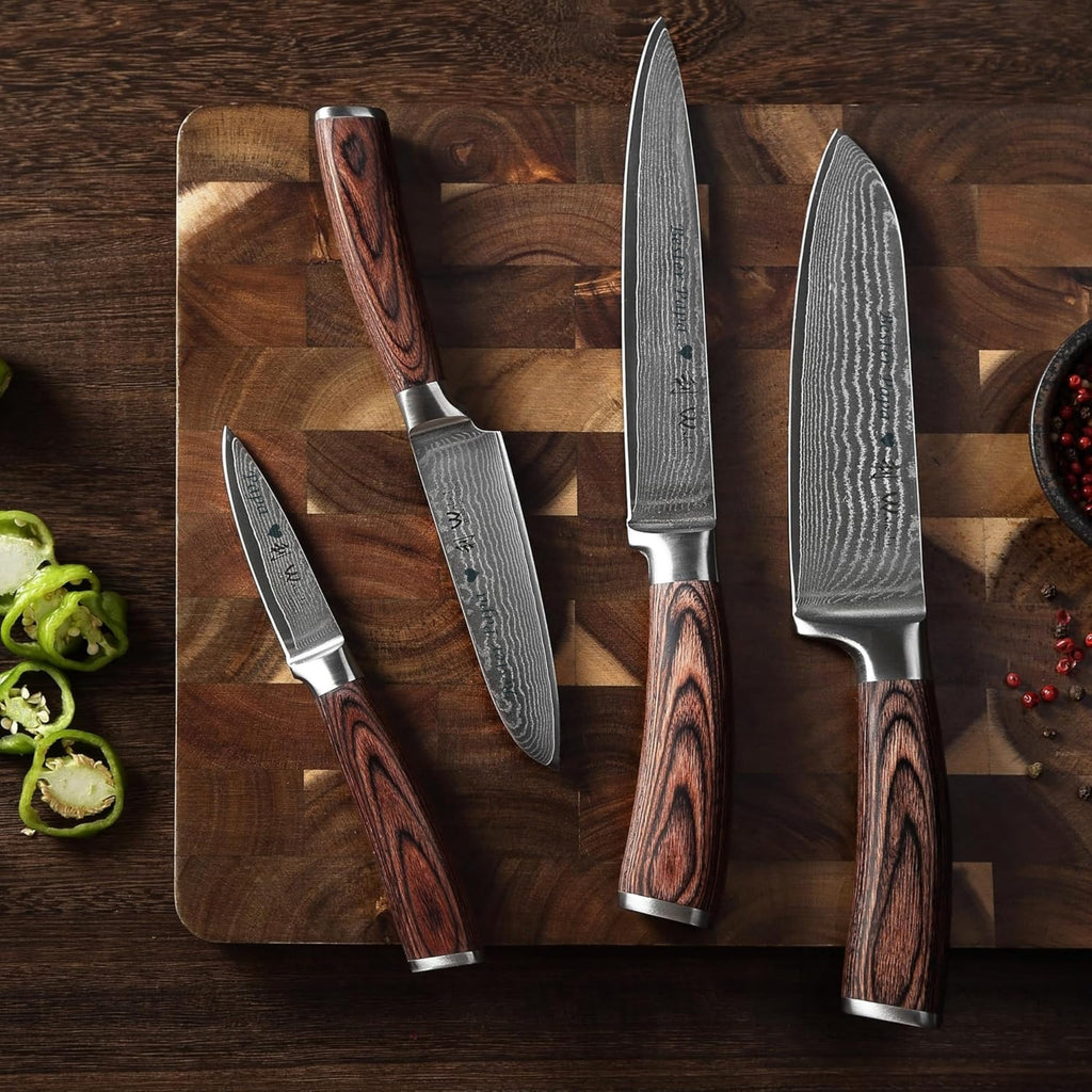 Wakoli EDIB 4-teiliges Küchenmesser Set aus Damaststahl (VG10 Kern) in edler Geschenkbox – Scharfes Damastmesser Set mit Pakkaholzgriffen – Messerset mit 2x Santoku, Fleischmesser & Officemesser