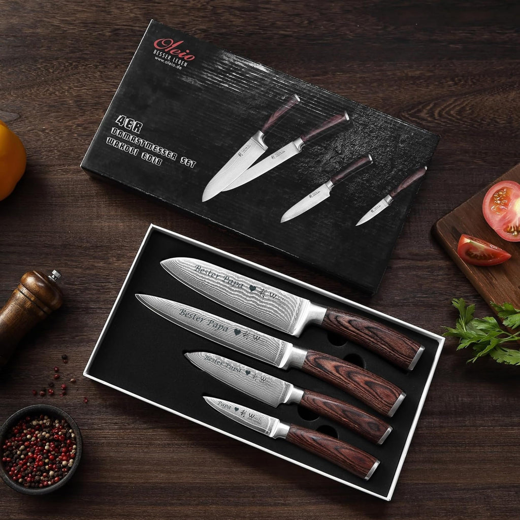 Wakoli EDIB 4-teiliges Küchenmesser Set aus Damaststahl (VG10 Kern) in edler Geschenkbox – Scharfes Damastmesser Set mit Pakkaholzgriffen – Messerset mit 2x Santoku, Fleischmesser & Officemesser