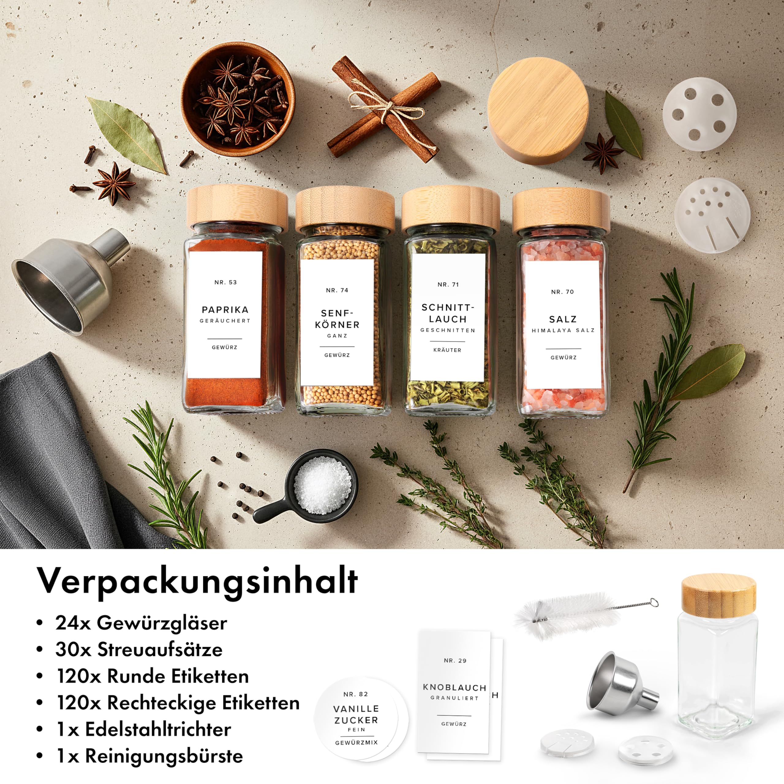 Square Spice Jars Set with Bamboo Lid (24 x 120 ml) Spice Shaker with Shaker Insert and 240 Labels White - Wooden Lid Spice Containers, Spice Jars, Spice Organiser [11 cm x 4.5 cm]