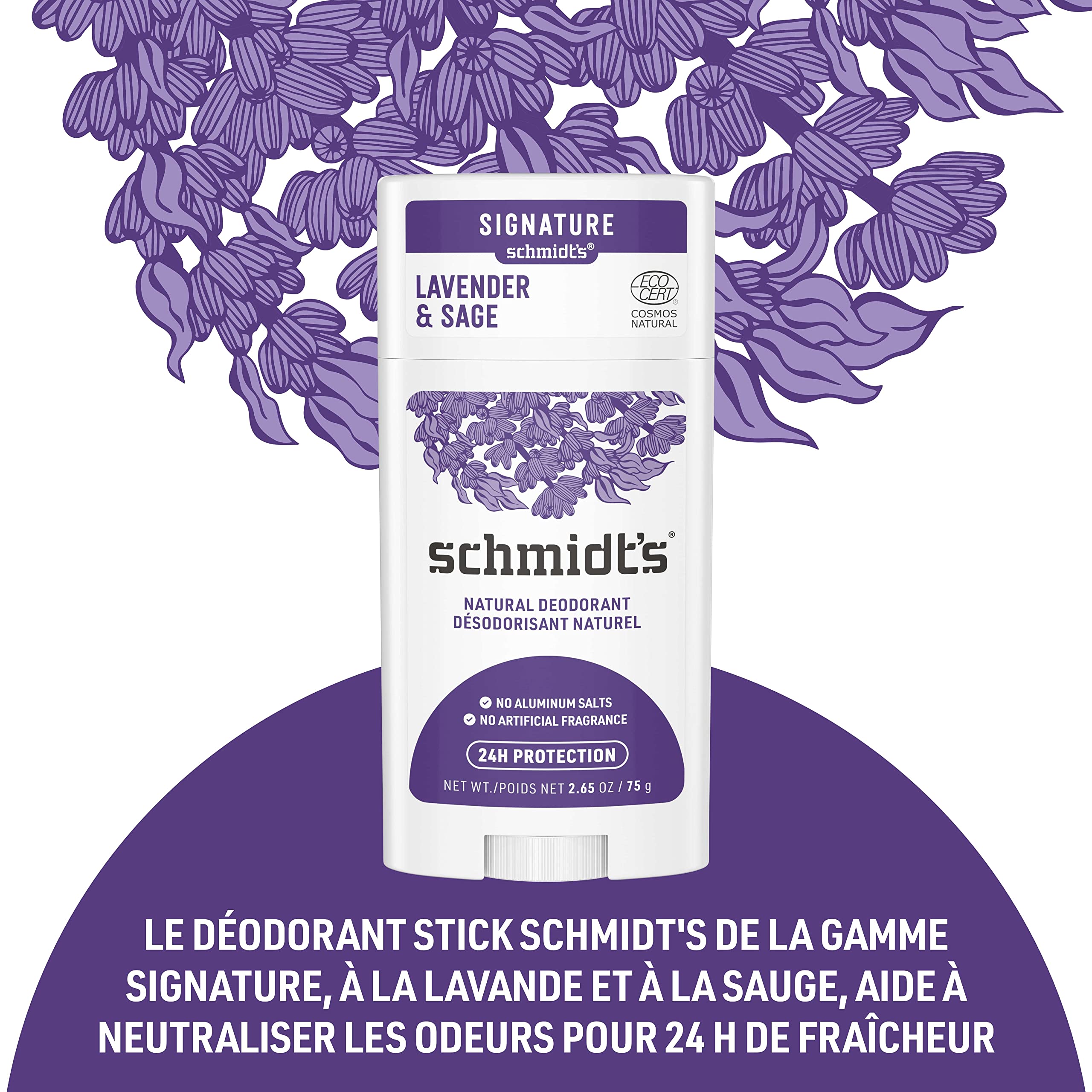 Schmidt's Natural Deodorant Stick Lavender & Sage Deodorant without Aluminium for Long-Lasting Freshness 75 g Pack of 1