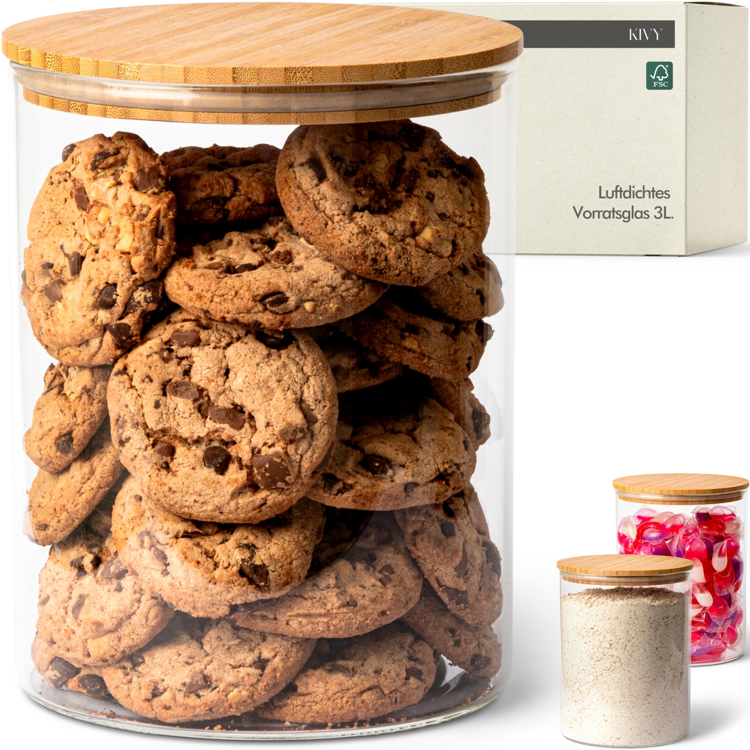 KIVY Vorratsgläser mit Deckel Luftdicht [4x 1200ml] - Vorratsdosen Glas mit Deckel - Glasbehälter mit Deckel - Müsli Aufbewahrung Küche - Vorratsglas mit Holzdeckel - Vorratsbehälter Glas Bambus