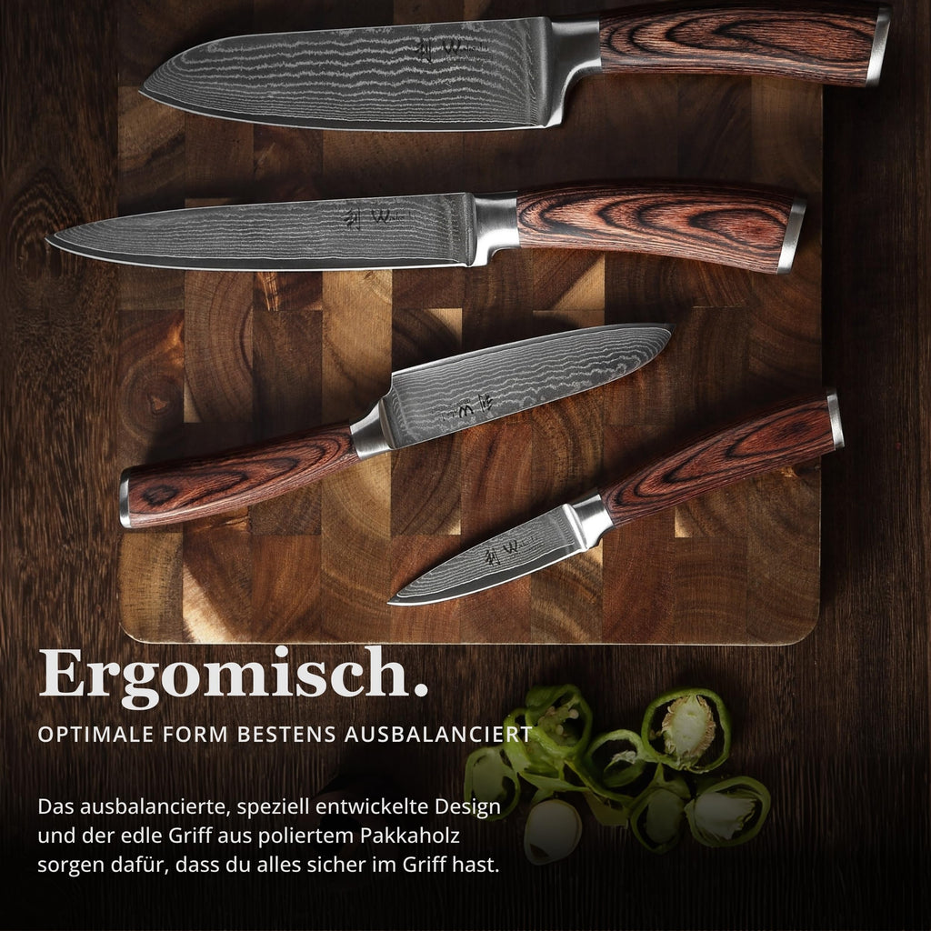 Wakoli EDIB 4-teiliges Küchenmesser Set aus Damaststahl (VG10 Kern) in edler Geschenkbox – Scharfes Damastmesser Set mit Pakkaholzgriffen – Messerset mit 2x Santoku, Fleischmesser & Officemesser